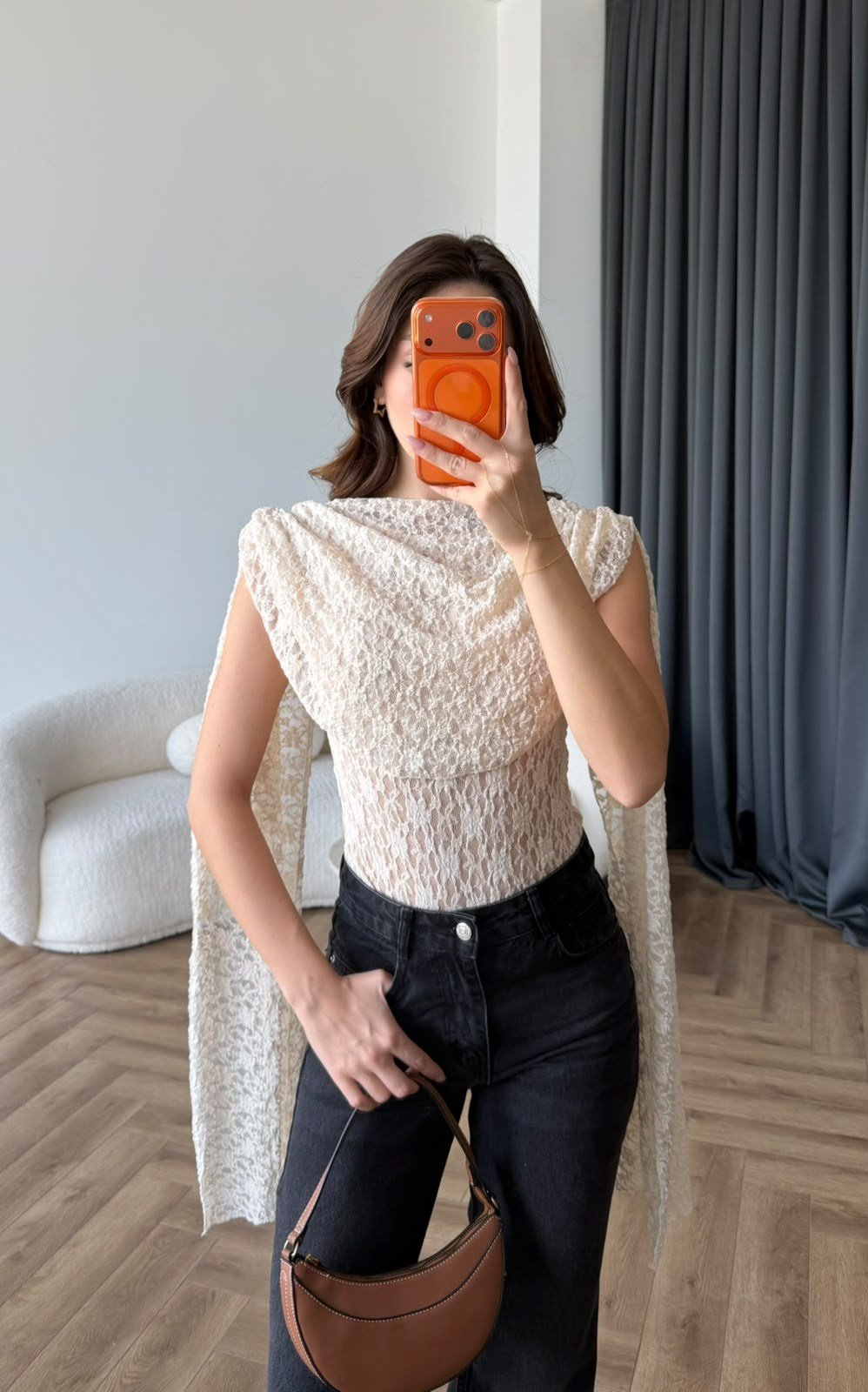 Şal Yaka Omuz Saçaklı Dantel Bodysuit Krem 2488