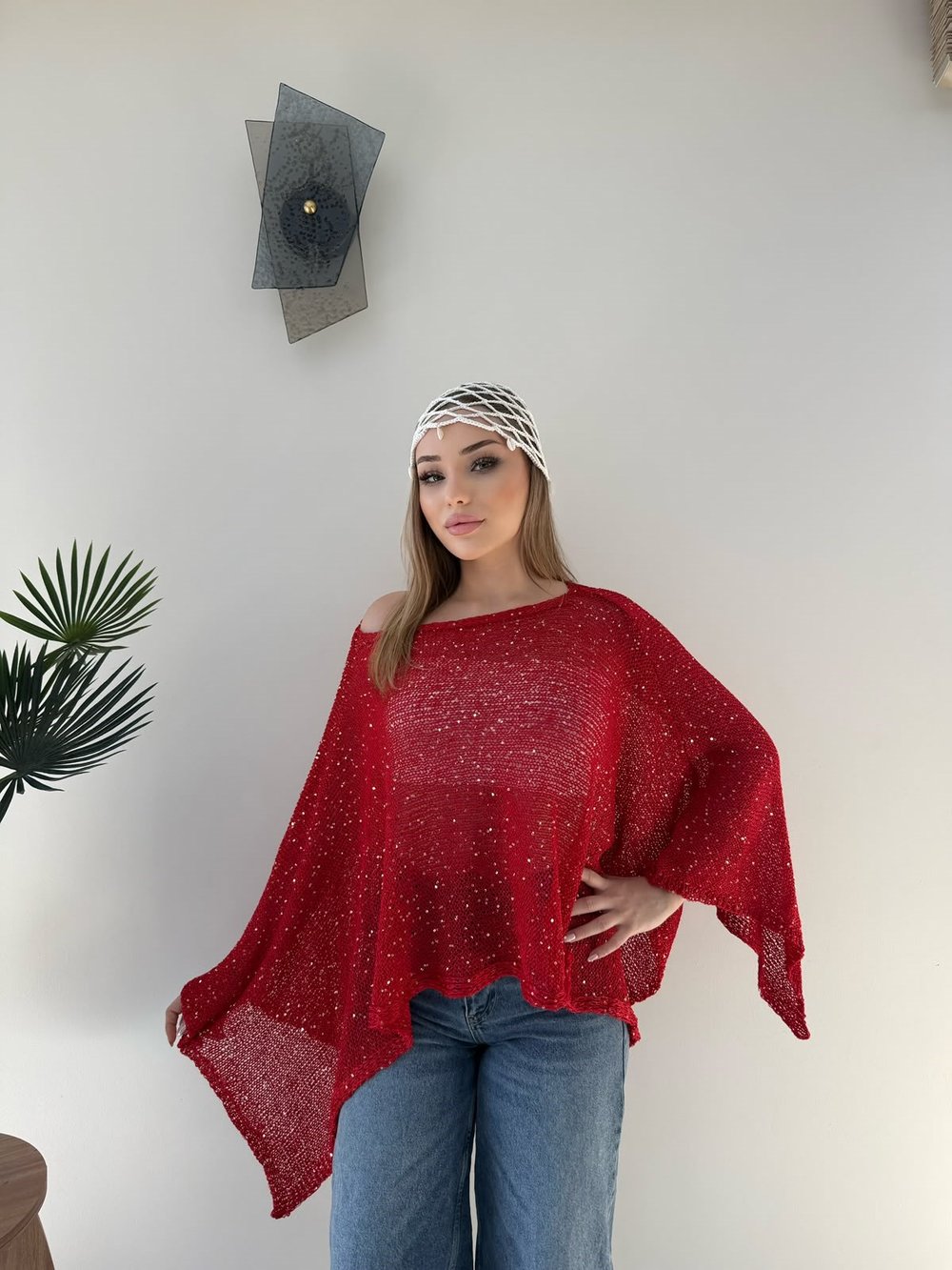 Salaş Simli Asimetrik Panço Kırmızı 2354