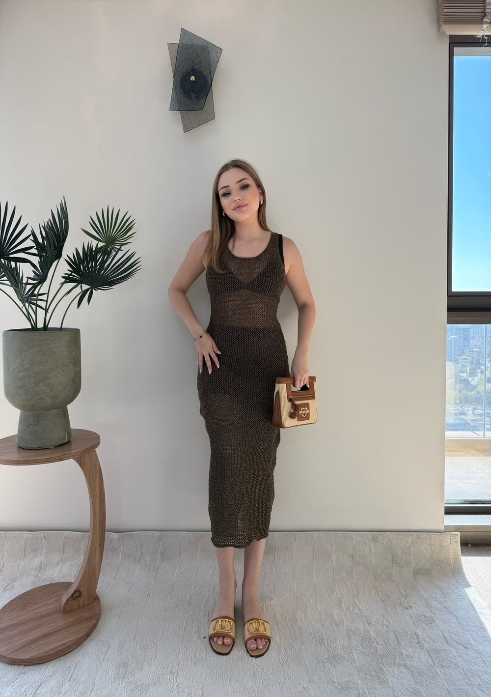 Sıfır Kol Simli Plaj Elbise Acı Kahve 2379