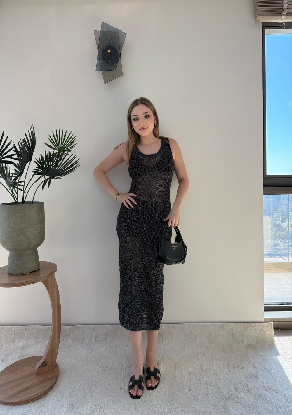Sıfır Kol Simli Plaj Elbise Siyah 2379