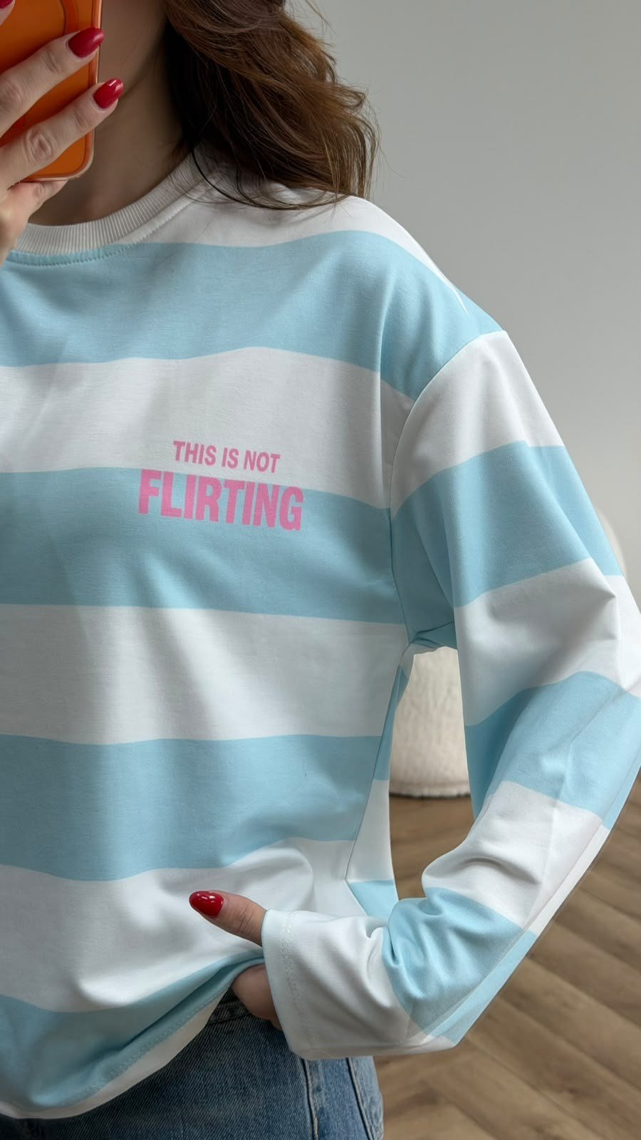  flırtıng Sırt Baskılı Çizgili Sweat Beyaz Turkuaz 2561