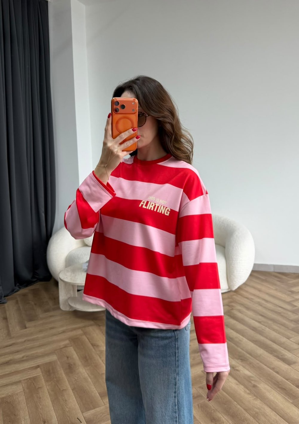  flırtıng Sırt Baskılı Çizgili Sweat Kırmızı Pembe 2561