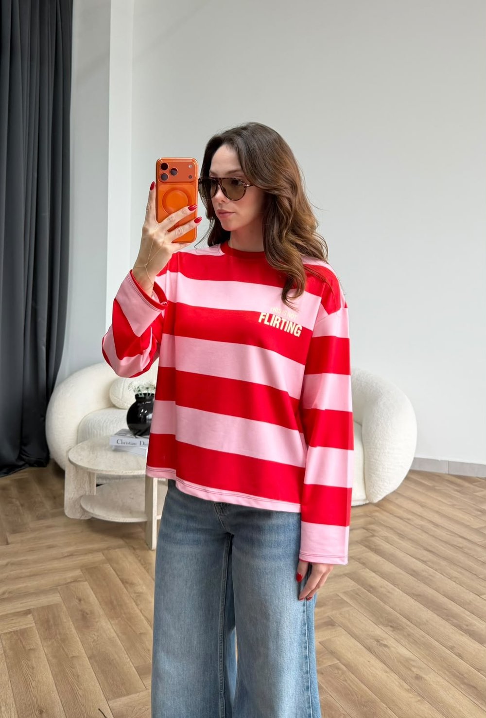  flırtıng Sırt Baskılı Çizgili Sweat Kırmızı Pembe 2561