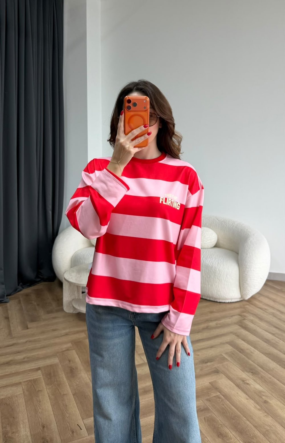  flırtıng Sırt Baskılı Çizgili Sweat Kırmızı Pembe 2561