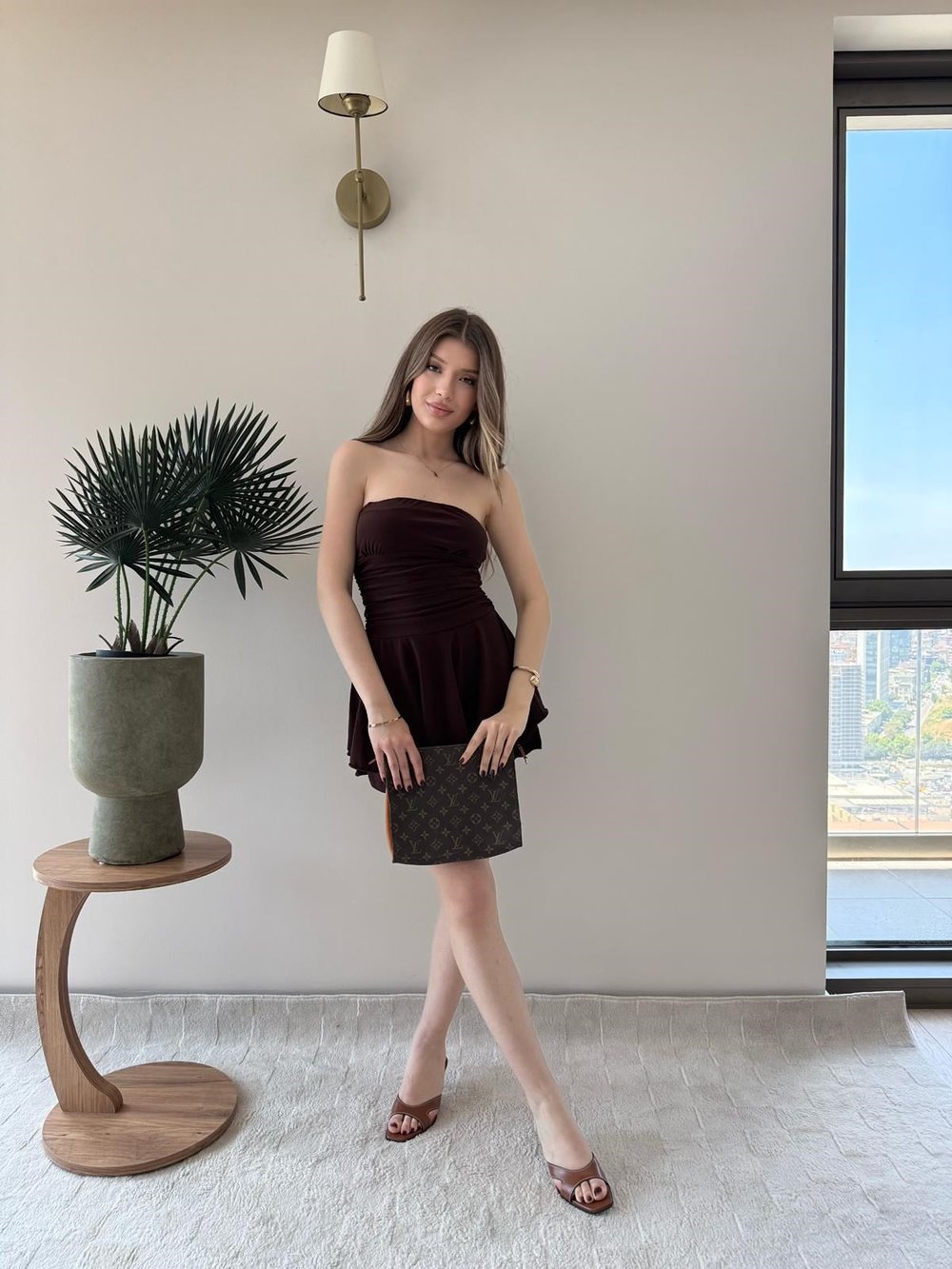 Straplez Bel Drape Detay İç Astarlı Şortlu Sandy Elbise Kahve 2294