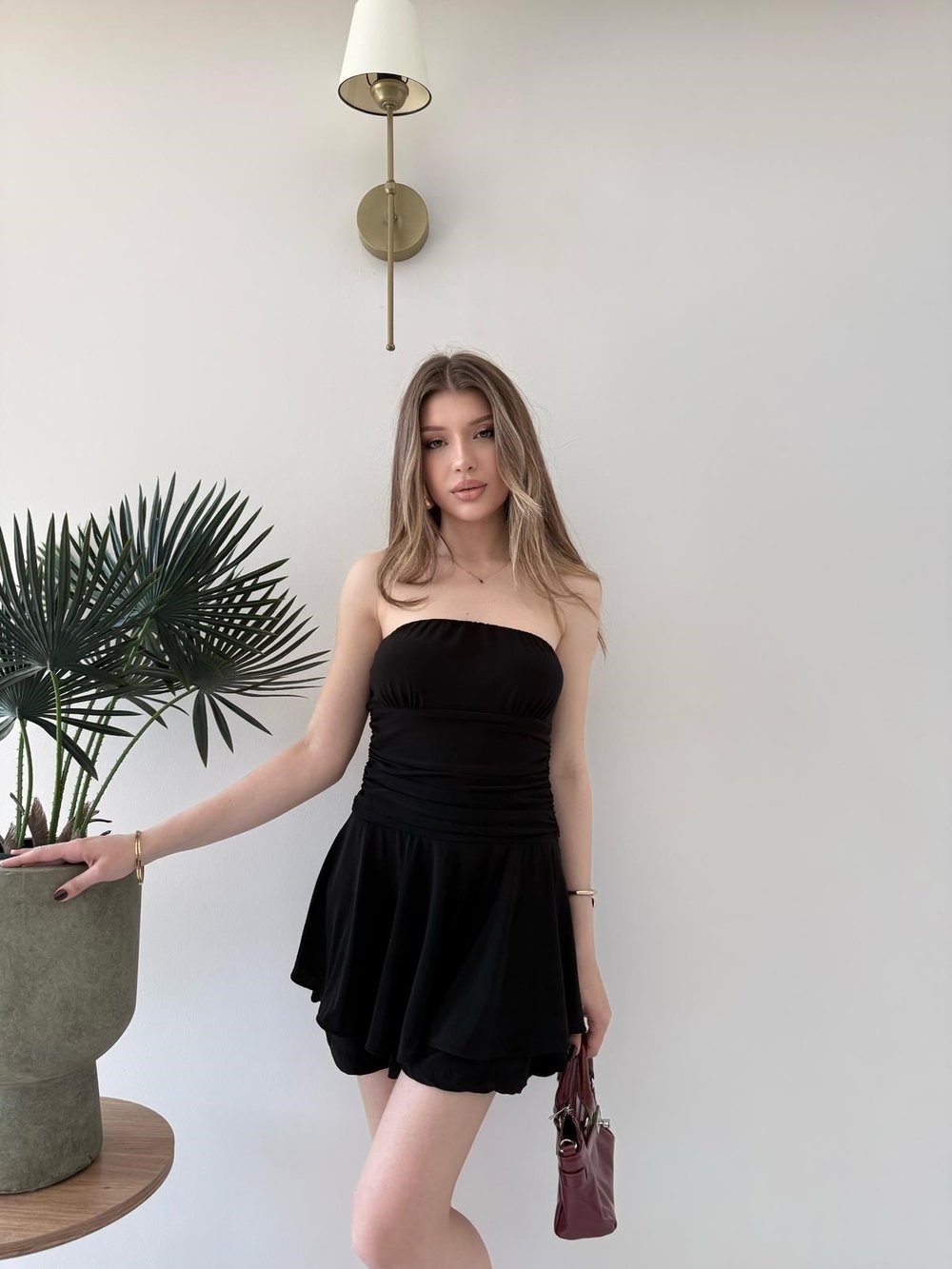 Straplez Bel Drape Detay İç Astarlı Şortlu Sandy Elbise Siyah 2294