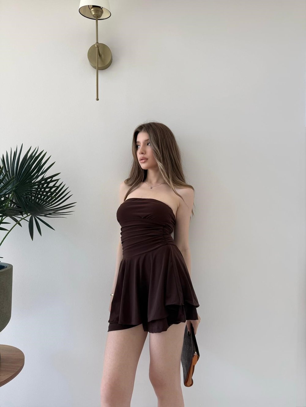Straplez Bel Drape Detay İç Astarlı Şortlu Sandy Elbise Kahve 2294