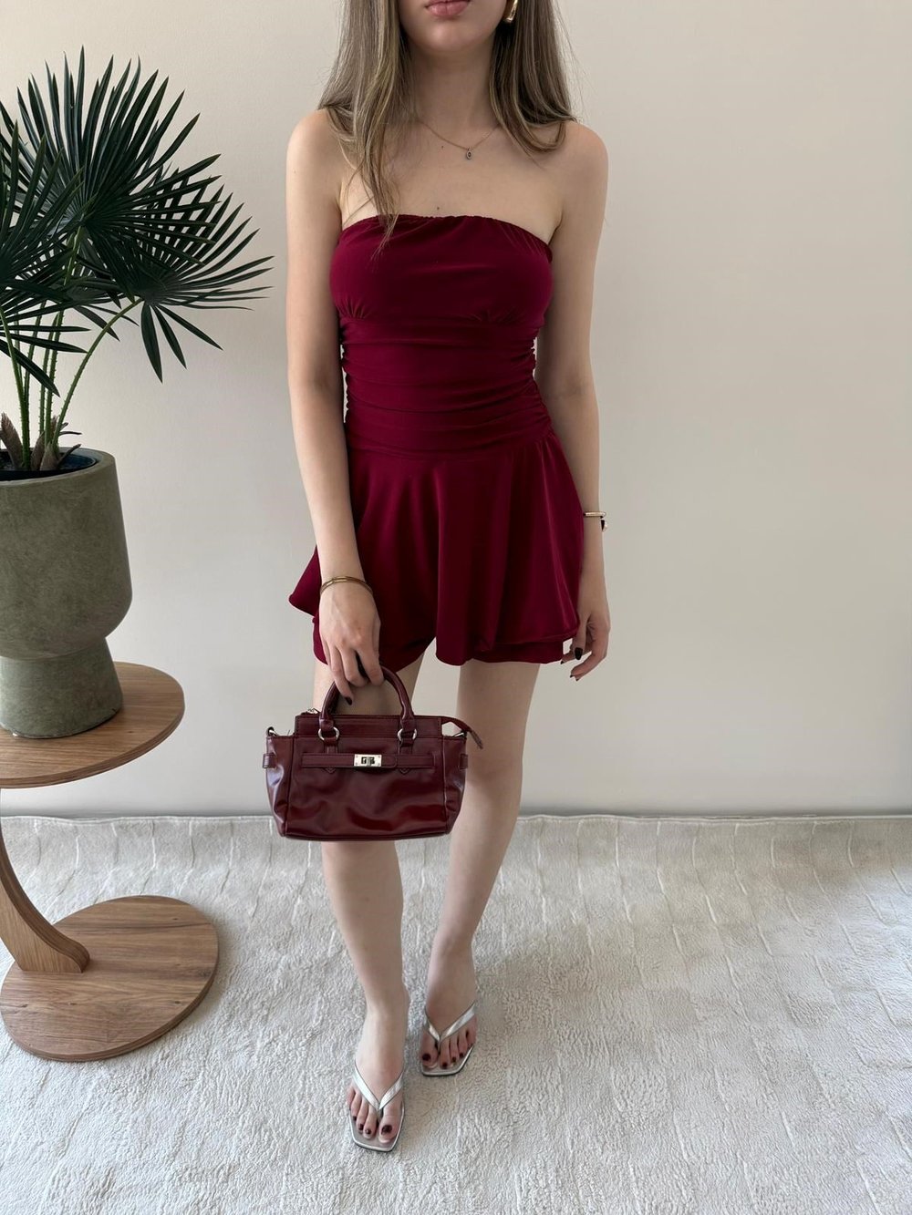 Straplez Bel Drape Detay İç Astarlı Şortlu Sandy Elbise Bordo 2294