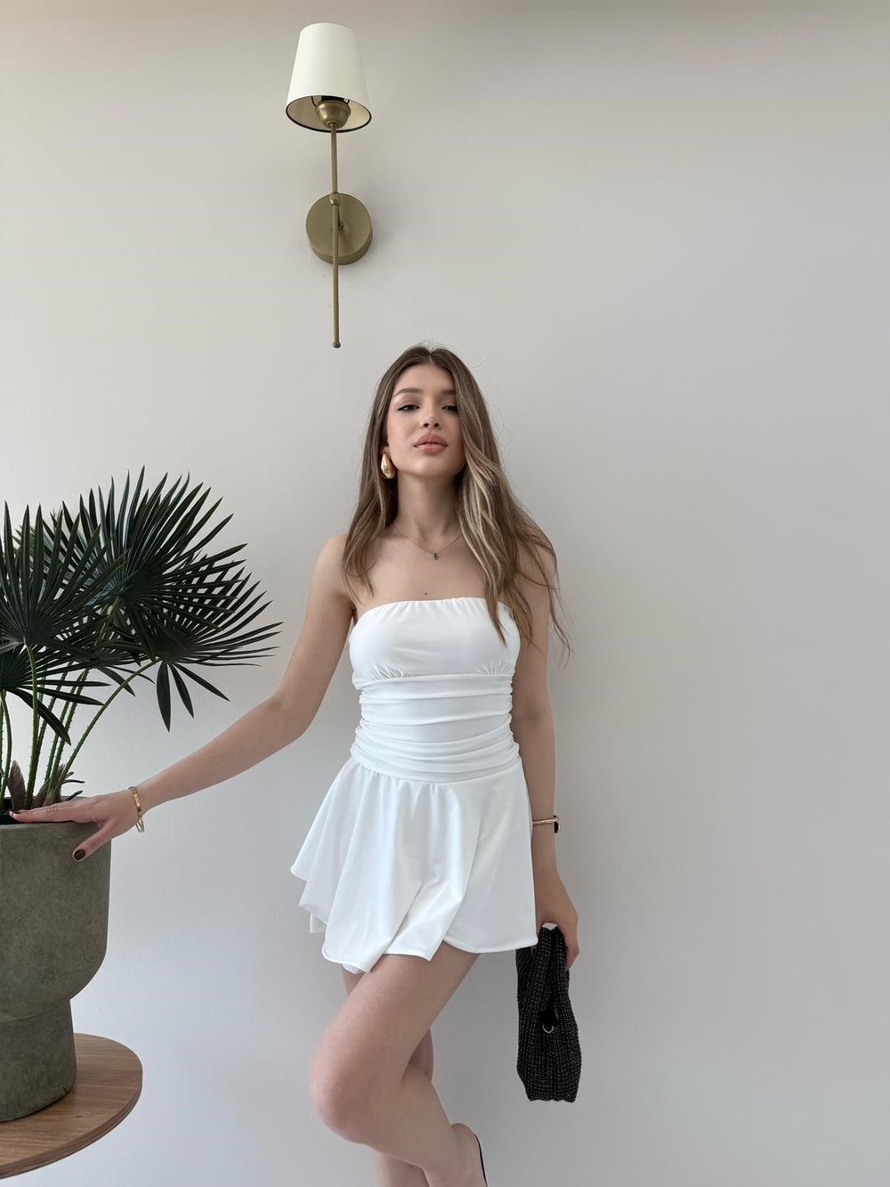 Straplez Bel Drape Detay İç Astarlı Şortlu Sandy Elbise Beyaz 2294