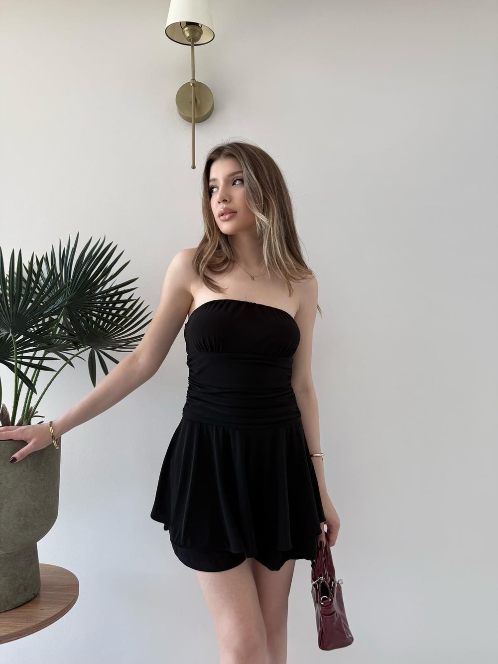 Straplez Bel Drape Detay İç Astarlı Şortlu Sandy Elbise Siyah 2294