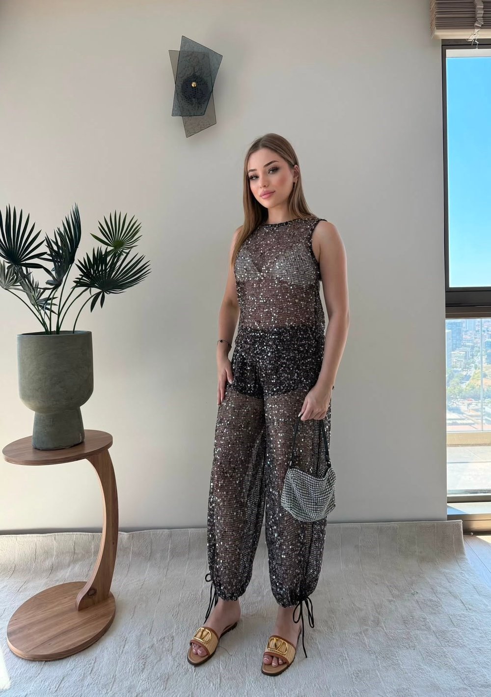 Taşlı Asimetrik Bluz ve Pantolonlu İkili Plaj Takım Siyah 2358