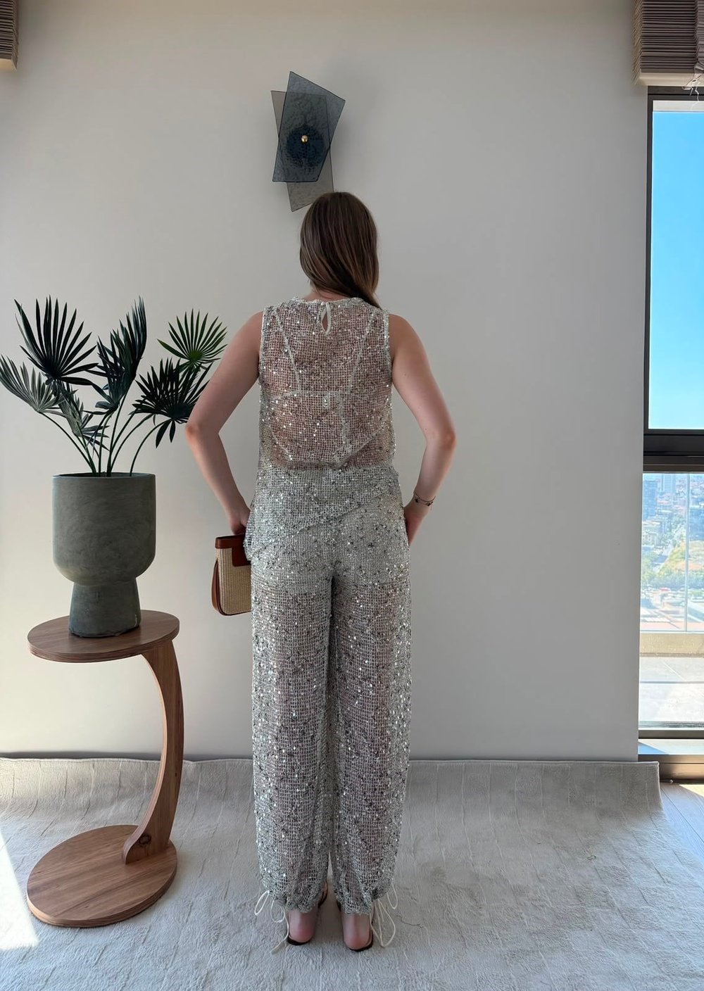 Taşlı Asimetrik Bluz ve Pantolonlu İkili Plaj Takım Gri 2358