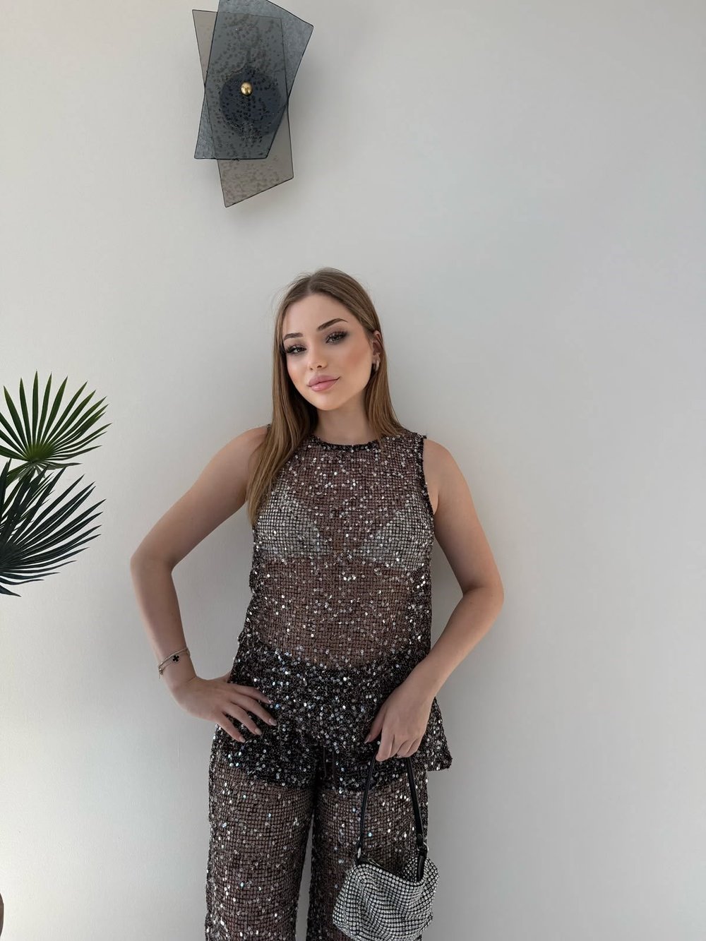 Taşlı Asimetrik Bluz ve Pantolonlu İkili Plaj Takım Siyah 2358