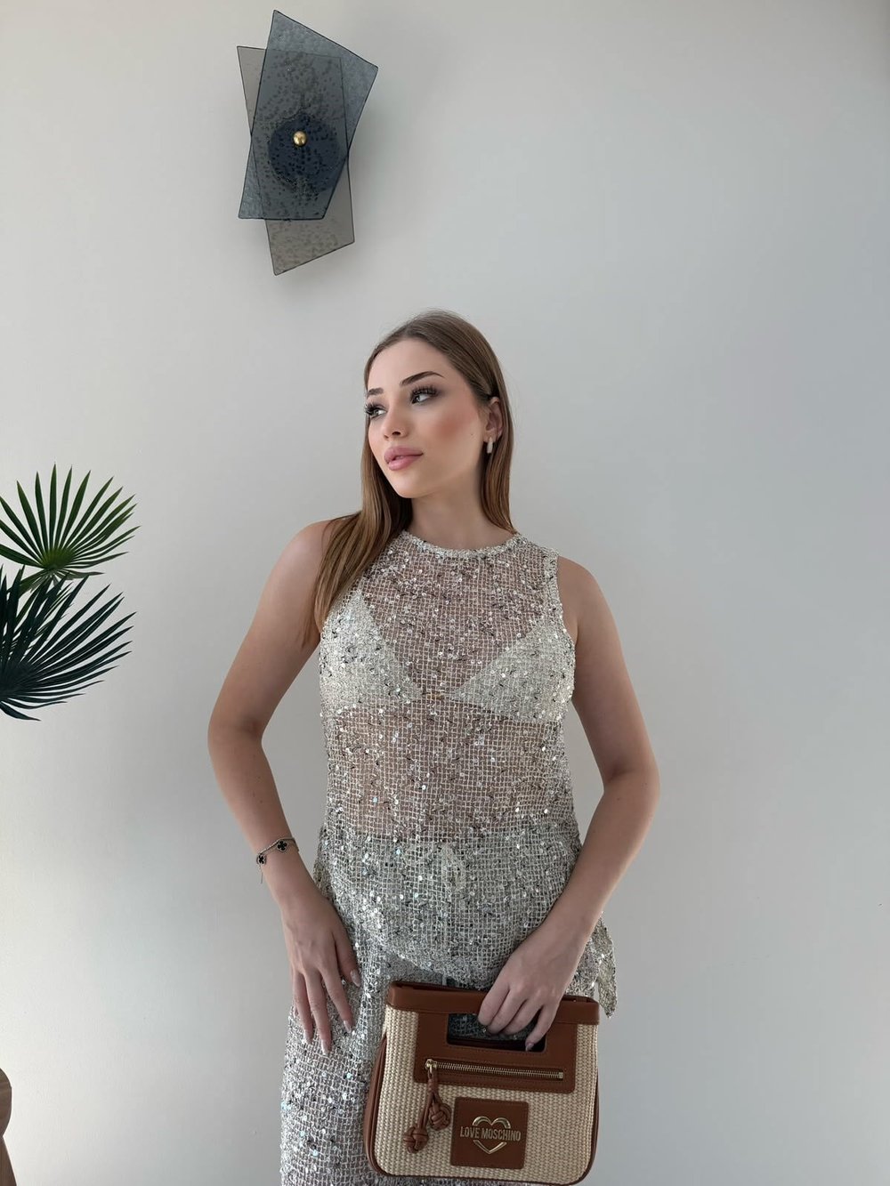 Taşlı Asimetrik Bluz ve Pantolonlu İkili Plaj Takım Gri 2358