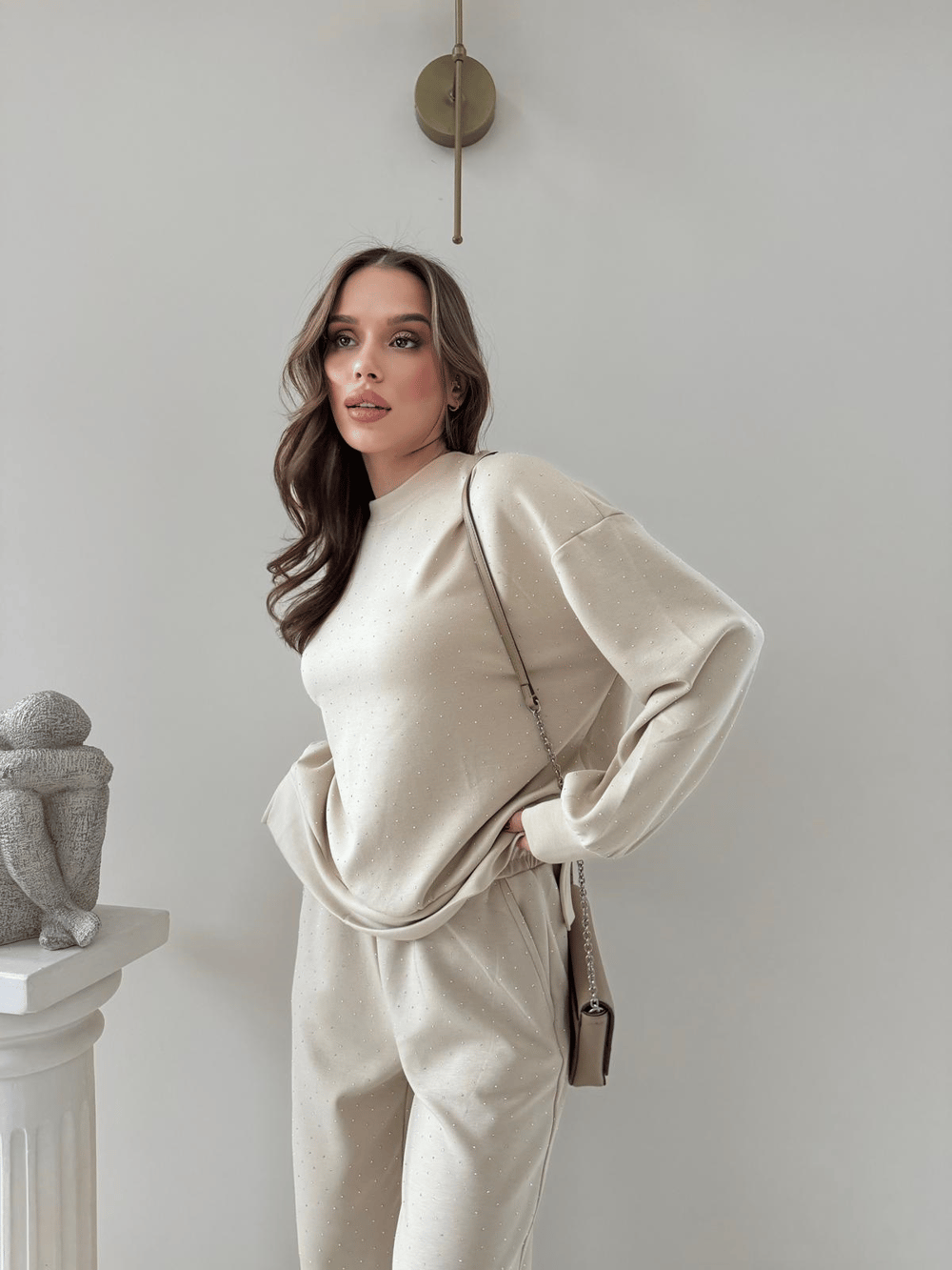 TAŞLI OVERSİZE SWEAT VE PANTOLONLU MODAL İKİLİ TAKIM BEJ 2003