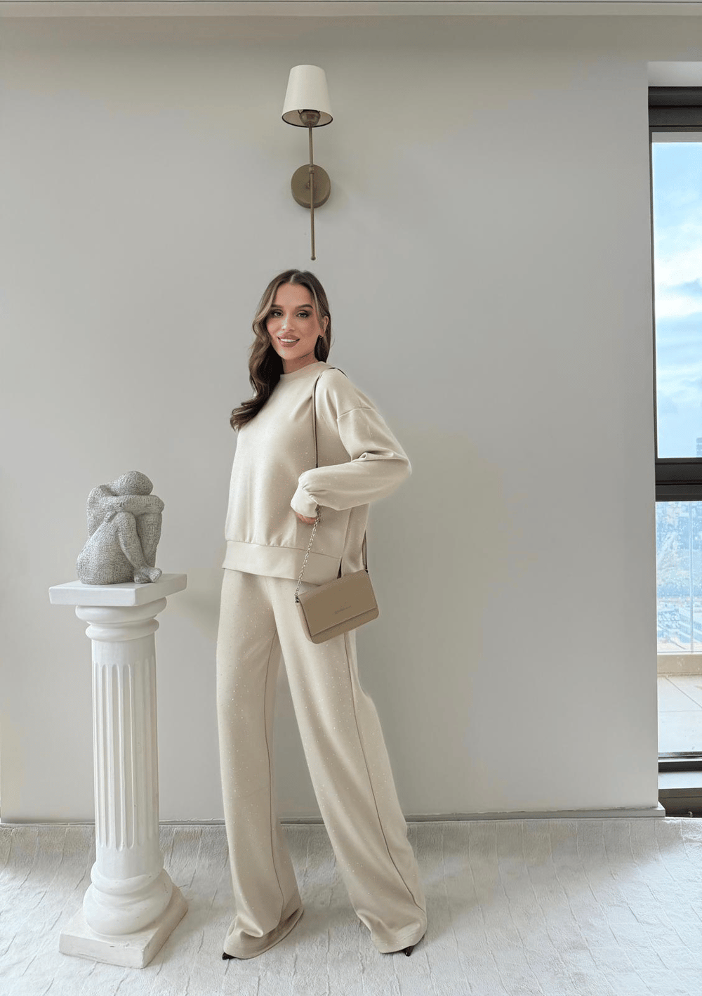 TAŞLI OVERSİZE SWEAT VE PANTOLONLU MODAL İKİLİ TAKIM BEJ 2003