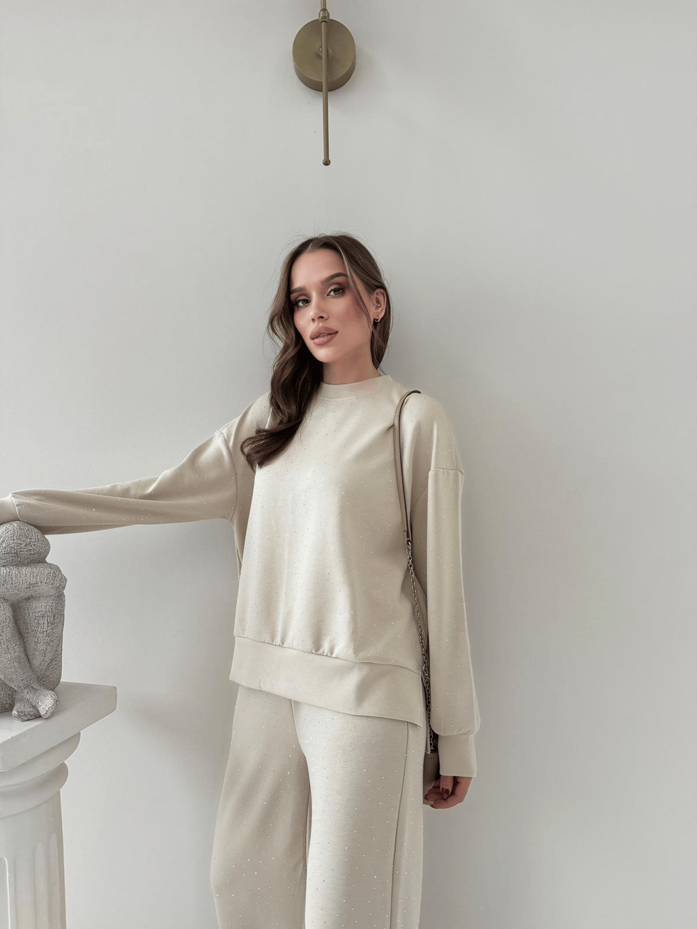 TAŞLI OVERSİZE SWEAT VE PANTOLONLU MODAL İKİLİ TAKIM BEJ 2003