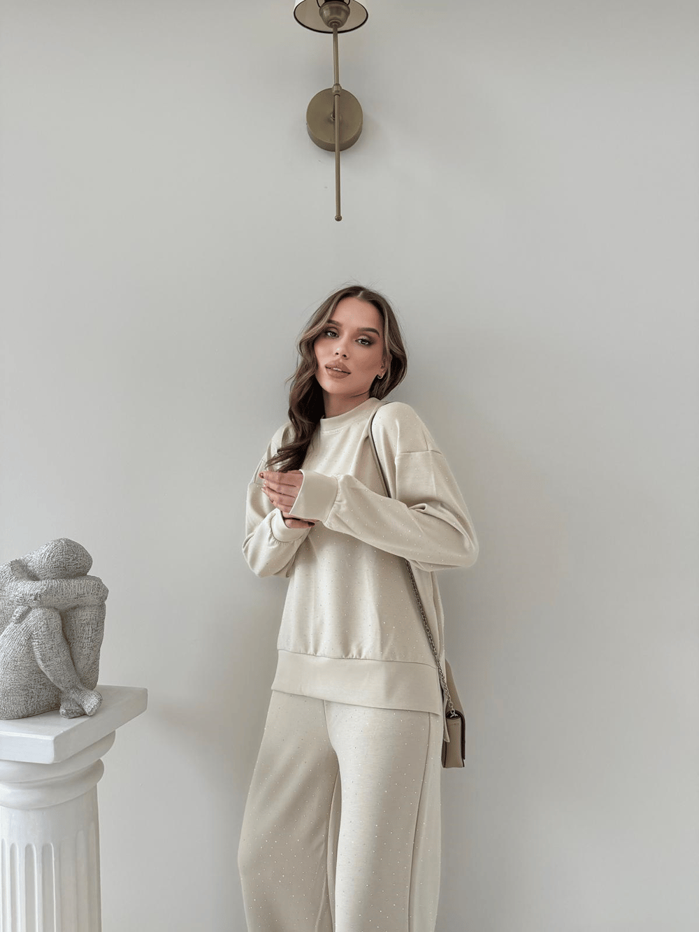 TAŞLI OVERSİZE SWEAT VE PANTOLONLU MODAL İKİLİ TAKIM BEJ 2003