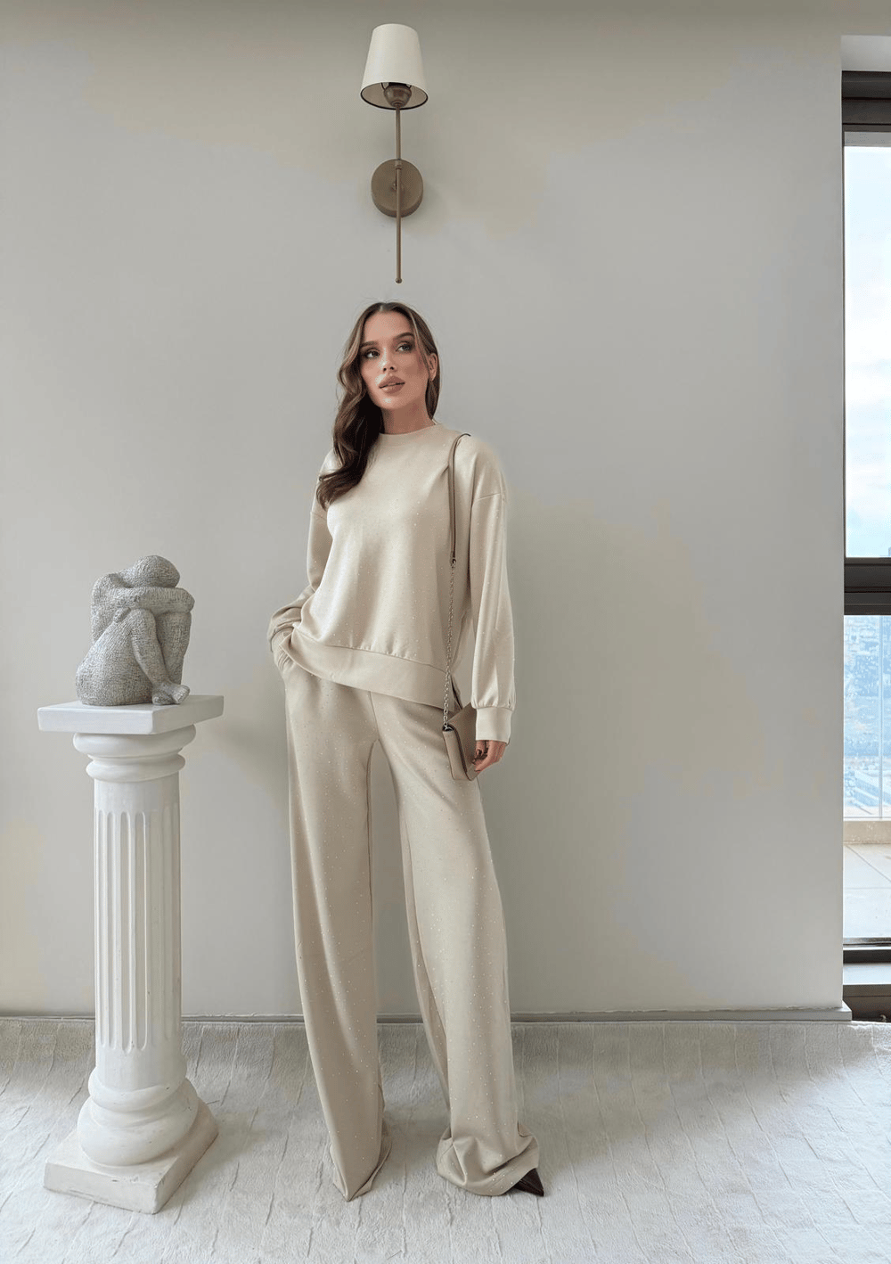 TAŞLI OVERSİZE SWEAT VE PANTOLONLU MODAL İKİLİ TAKIM BEJ 2003