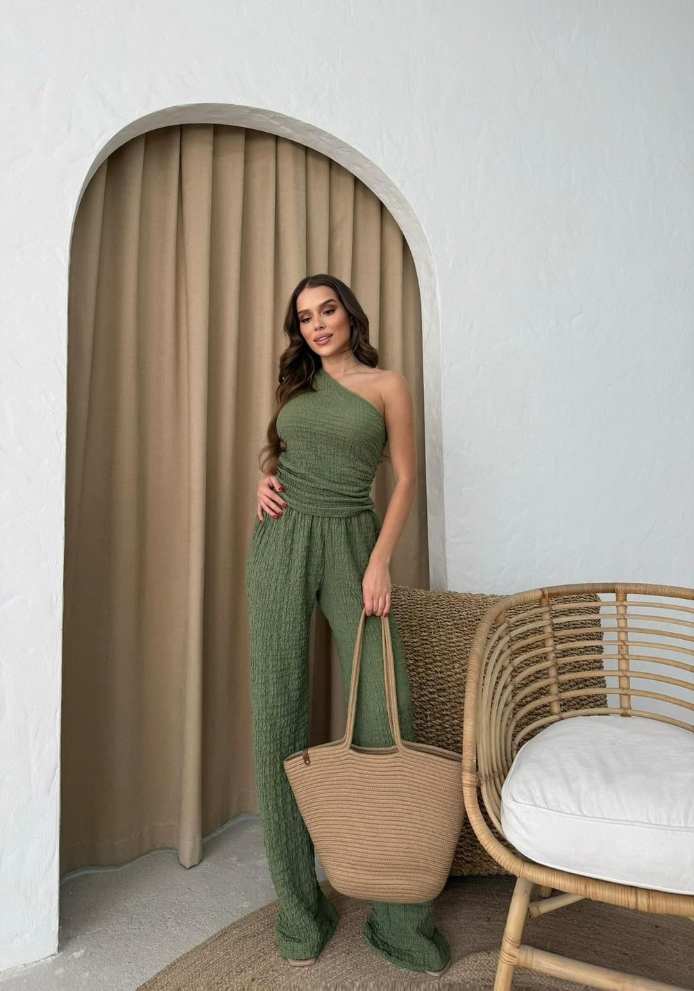 Tek Omuz Bel Drape Detay Bluz ve Pantolonlu Gofre İkili Takım Yeşil 2225