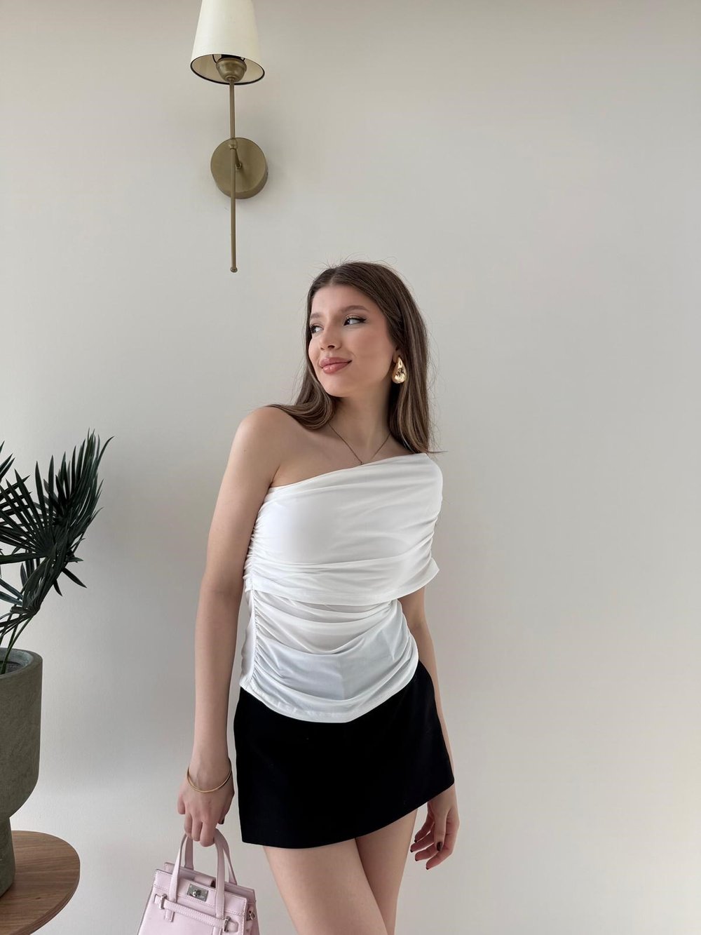 Tek Omuz Bel Drape Detay Sandy Bluz Beyaz 2209