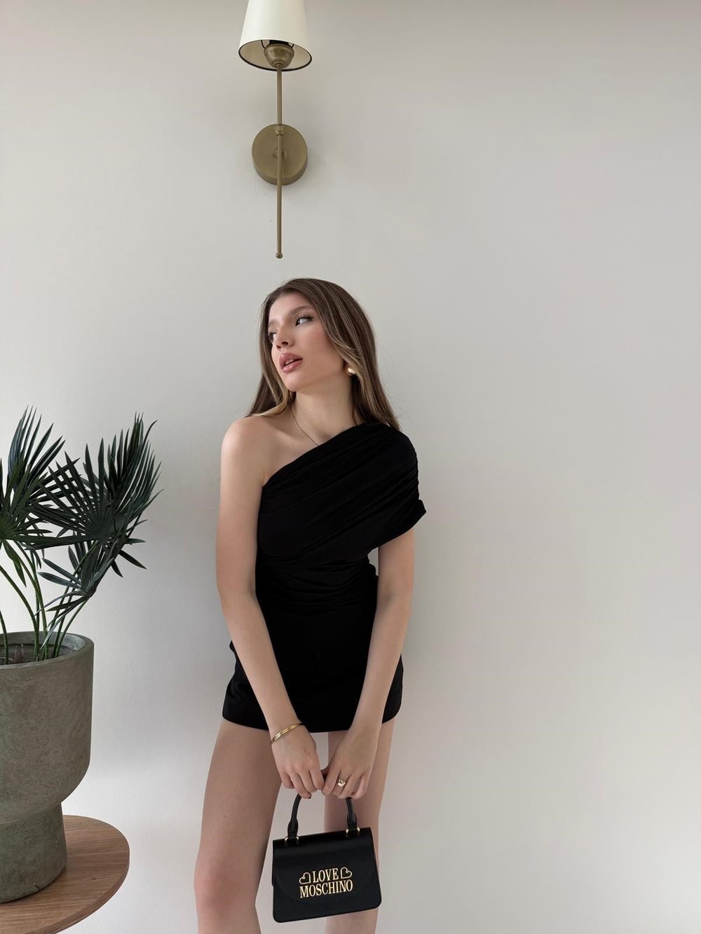 Tek Omuz Bel Drape Detay Sandy Bluz Siyah 2209