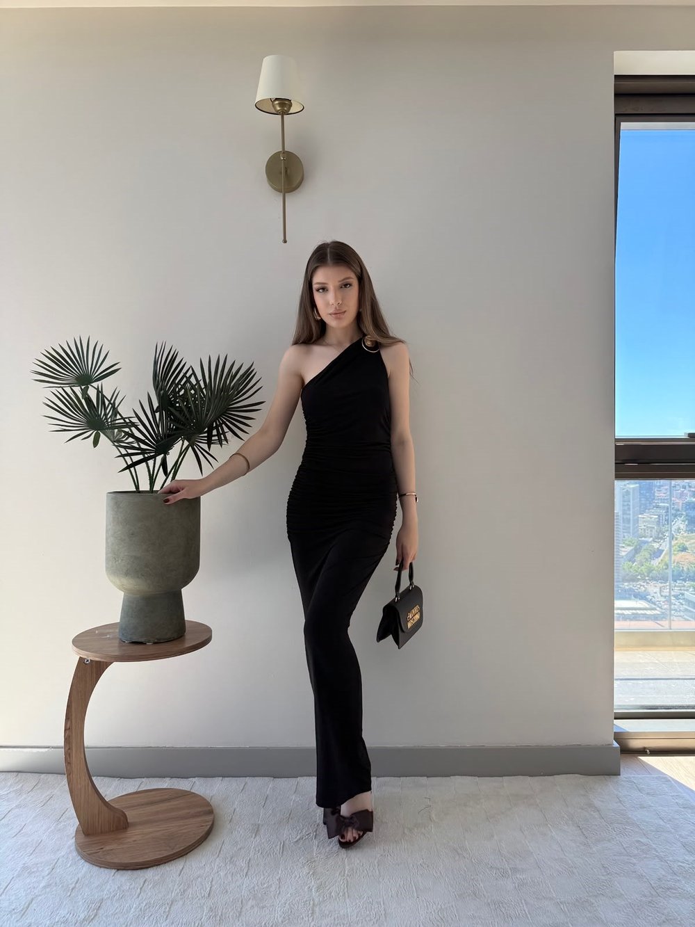 Tek Omuz Drape Aksesuar Detay Sandy Elbise Siyah 2324