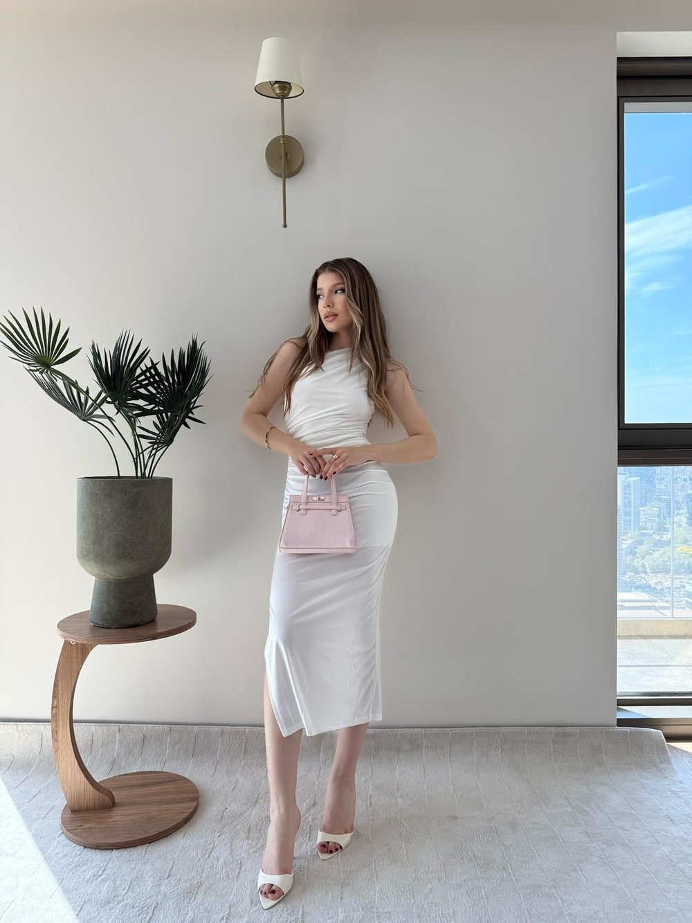 Tek Omuz Drape ve Yırtmaç Detay Sandy Elbise Beyaz 2187