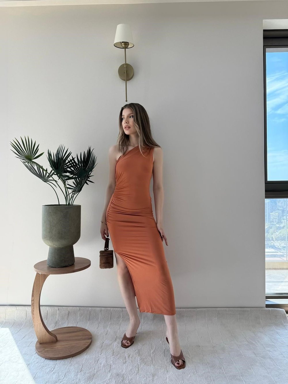 Tek Omuz Drape ve Yırtmaç Detay Sandy Elbise Turuncu 2187