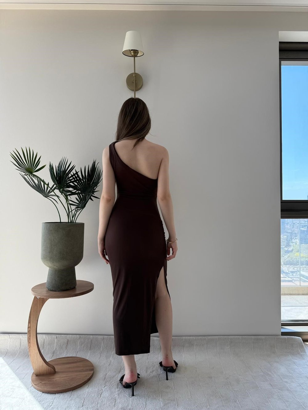 Tek Omuz Drape ve Yırtmaç Detay Sandy Elbise Acı Kahve 2187