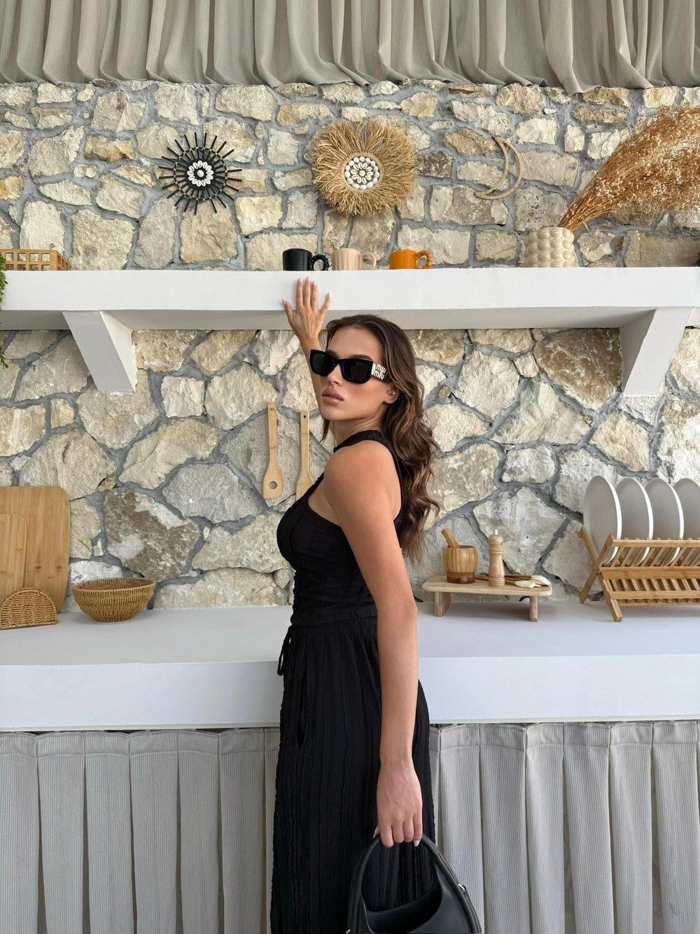 Ters Dikiş Detay Halter Bluz ve Pantolonlu Gofre İkili Takım Siyah 2098