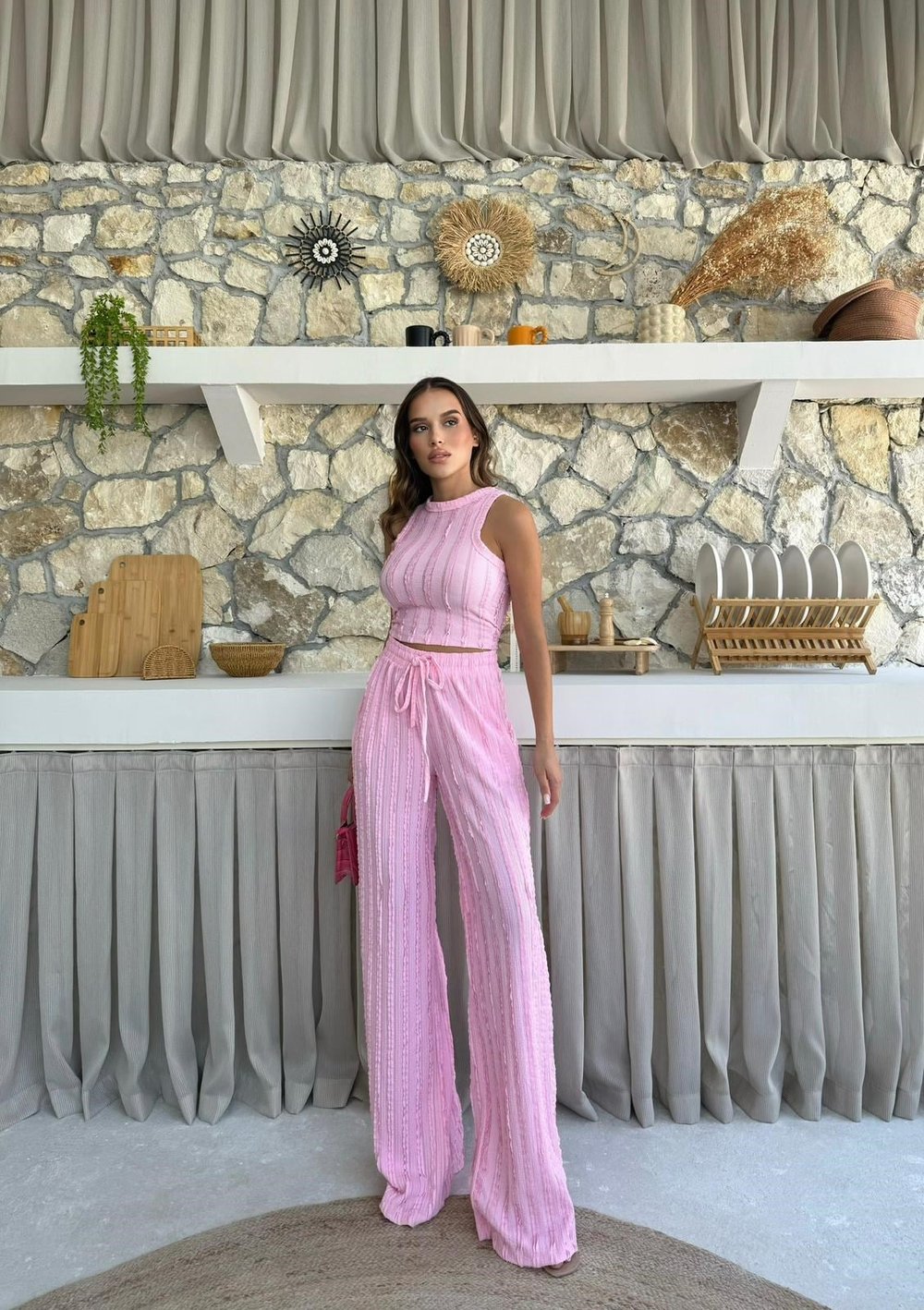 Ters Dikiş Detay Halter Bluz ve Pantolonlu Gofre İkili Takım Pembe 2098