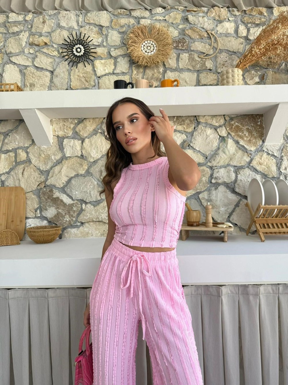 Ters Dikiş Detay Halter Bluz ve Pantolonlu Gofre İkili Takım Pembe 2098