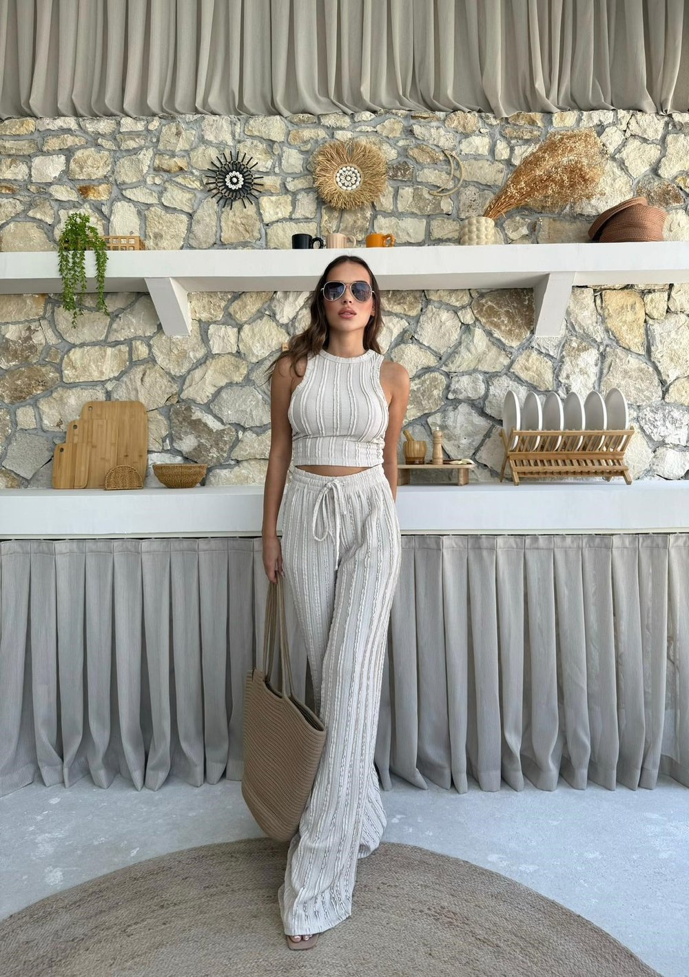 Ters Dikiş Detay Halter Bluz ve Pantolonlu Gofre İkili Takım Bej 2098