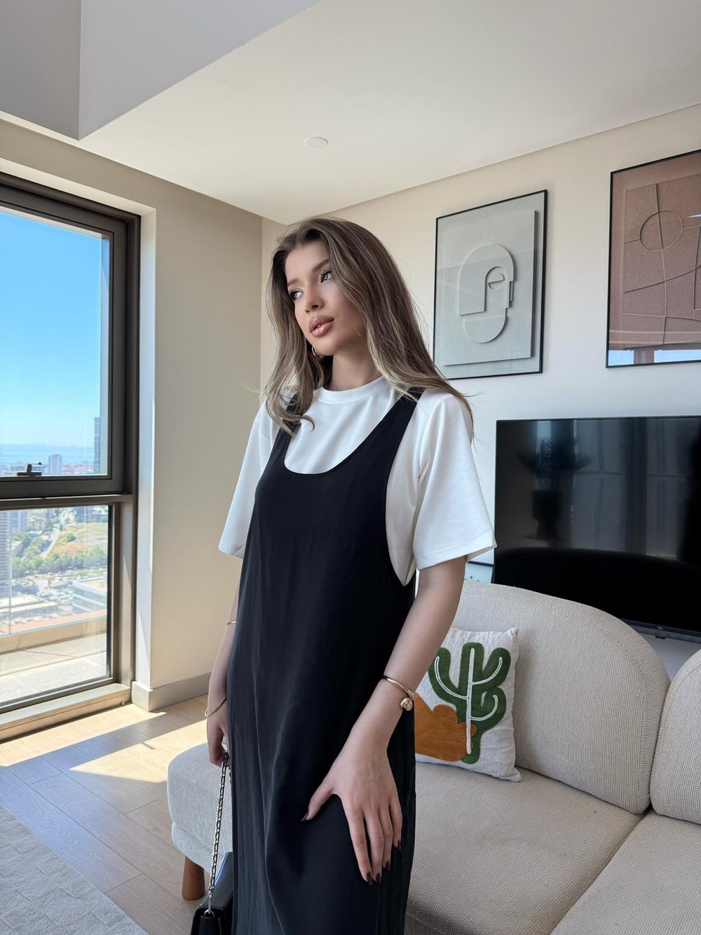 Tişört ve Askılı Salaş Modal Elbise Siyah 2281