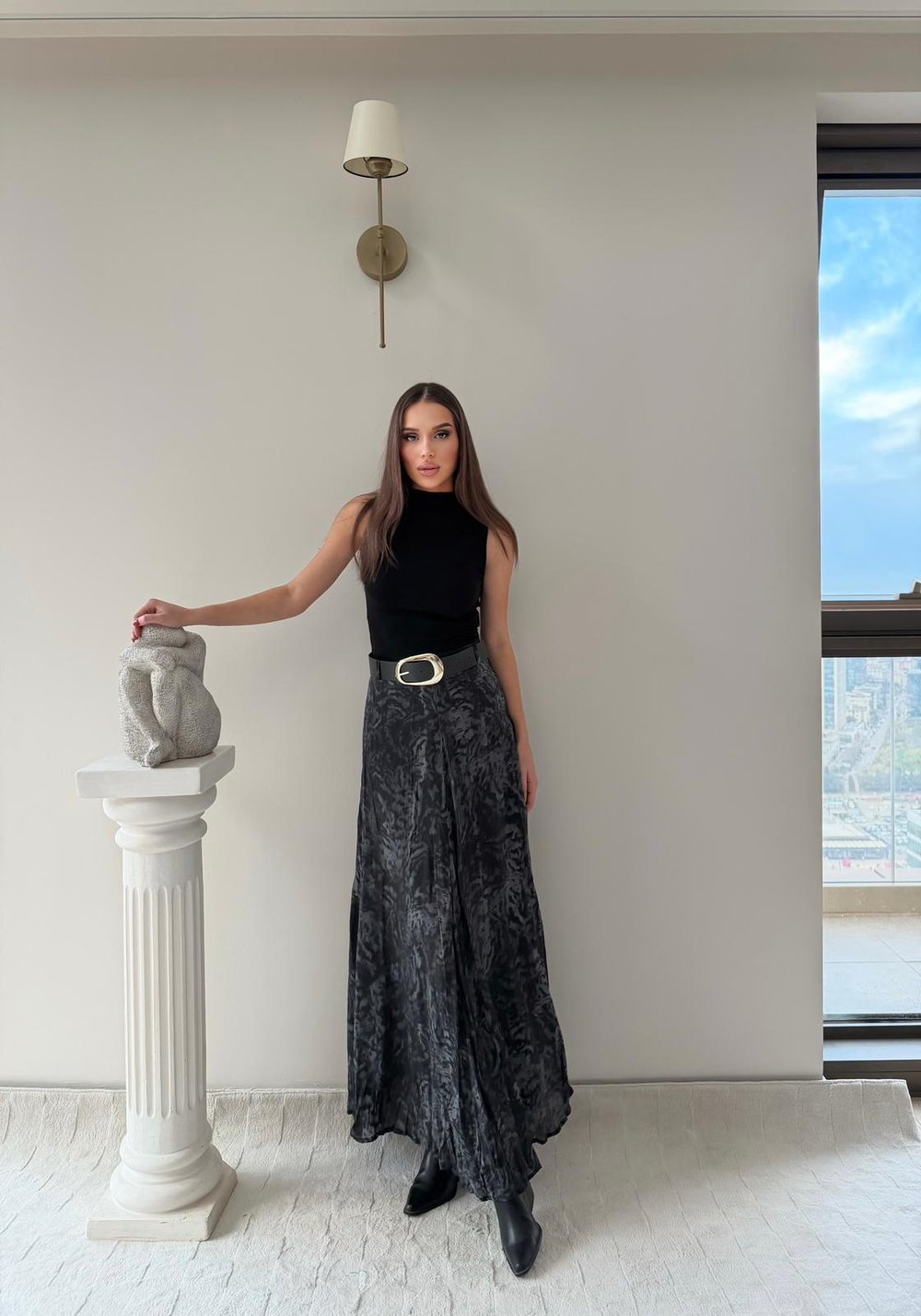 Tül Desenli İç Astarlı Kemer Detay Etek Antrasit 2037