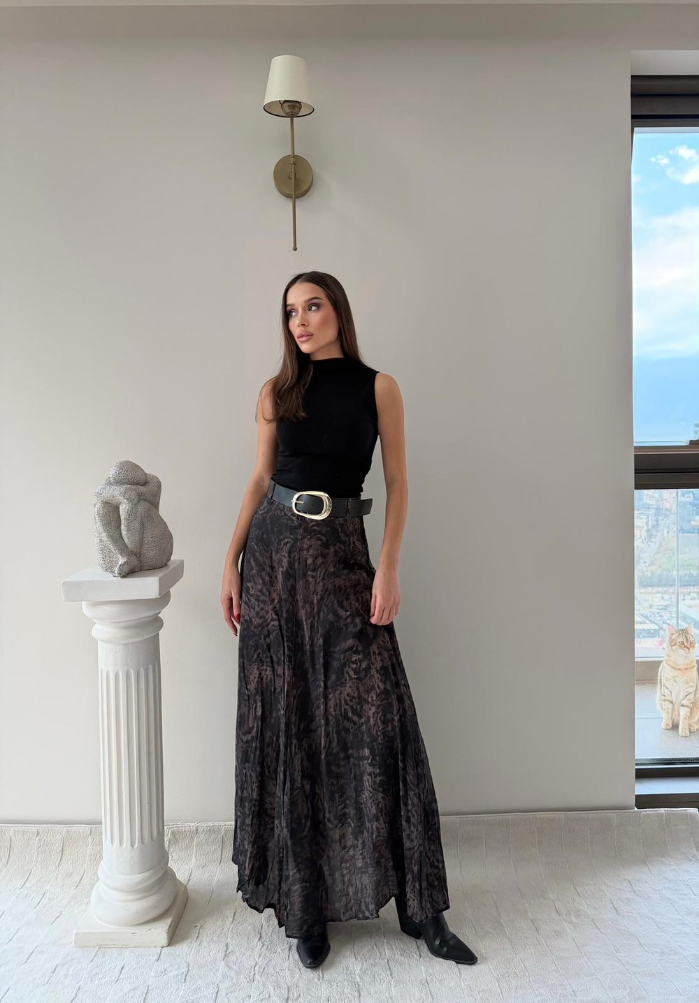 Tül Desenli İç Astarlı Kemer Detay Etek Kahve 2037