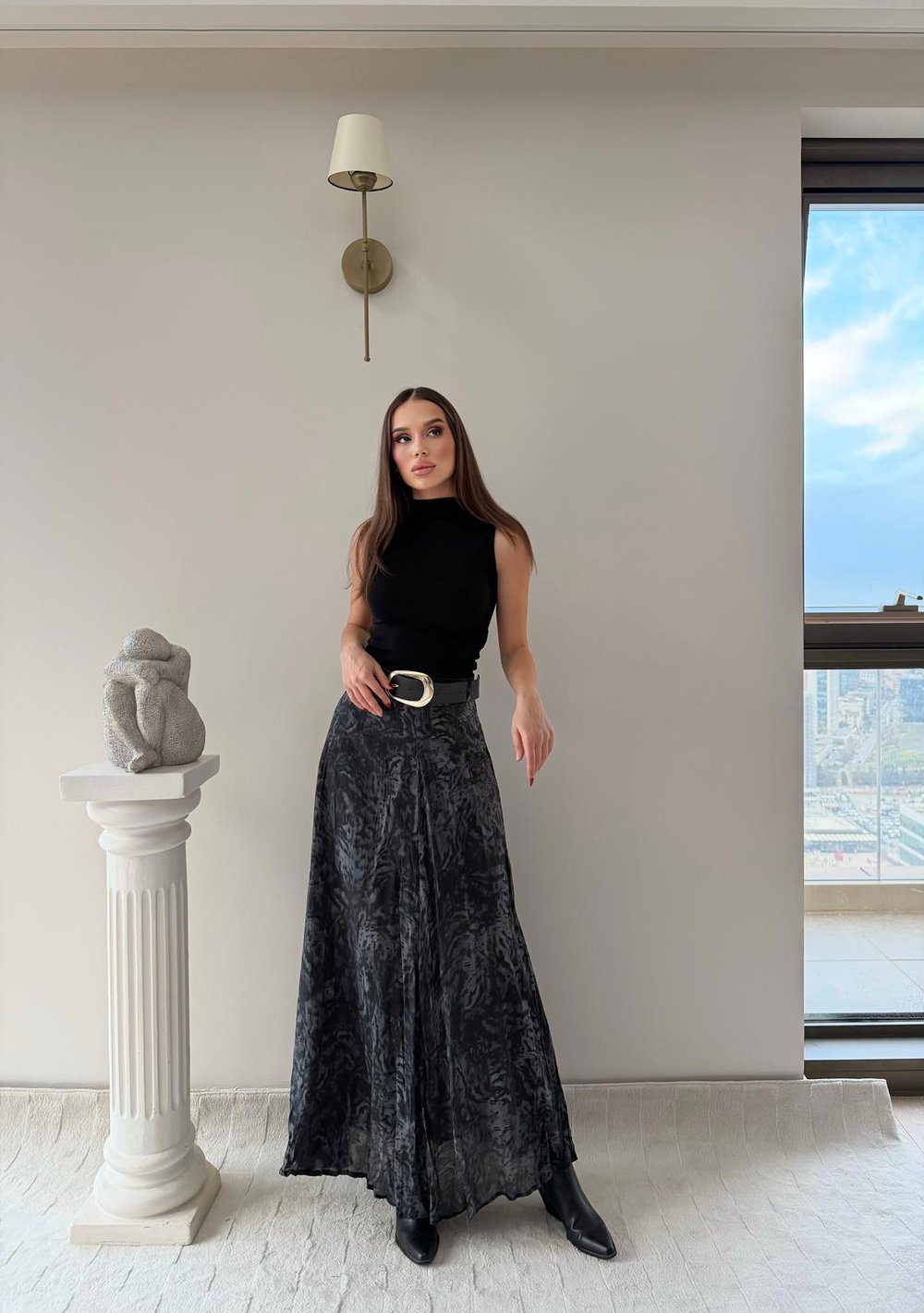 Tül Desenli İç Astarlı Kemer Detay Etek Antrasit 2037