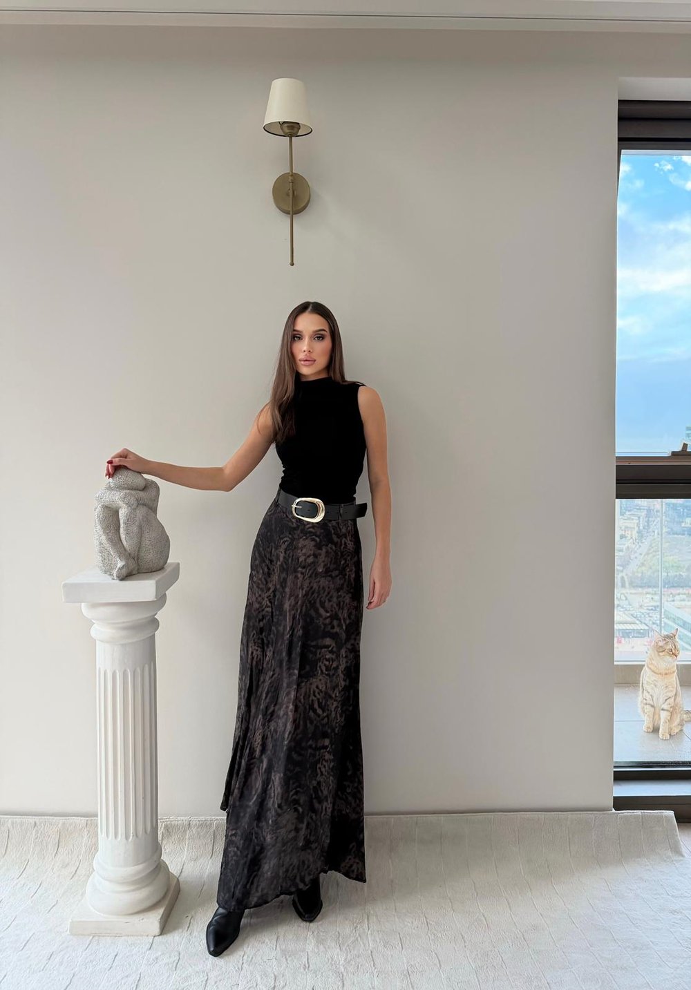 Tül Desenli İç Astarlı Kemer Detay Etek Kahve 2037