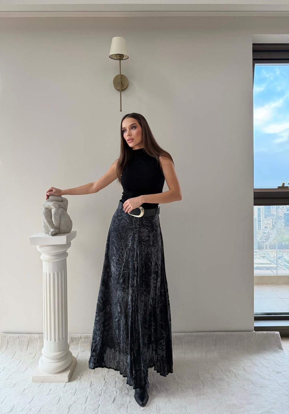 Tül Desenli İç Astarlı Kemer Detay Etek Antrasit 2037