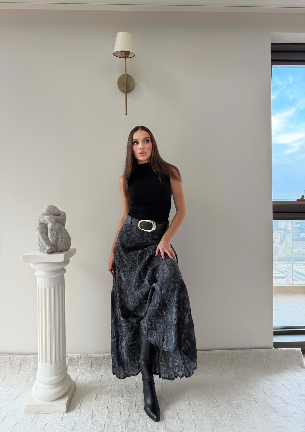 Tül Desenli İç Astarlı Kemer Detay Etek Antrasit 2037