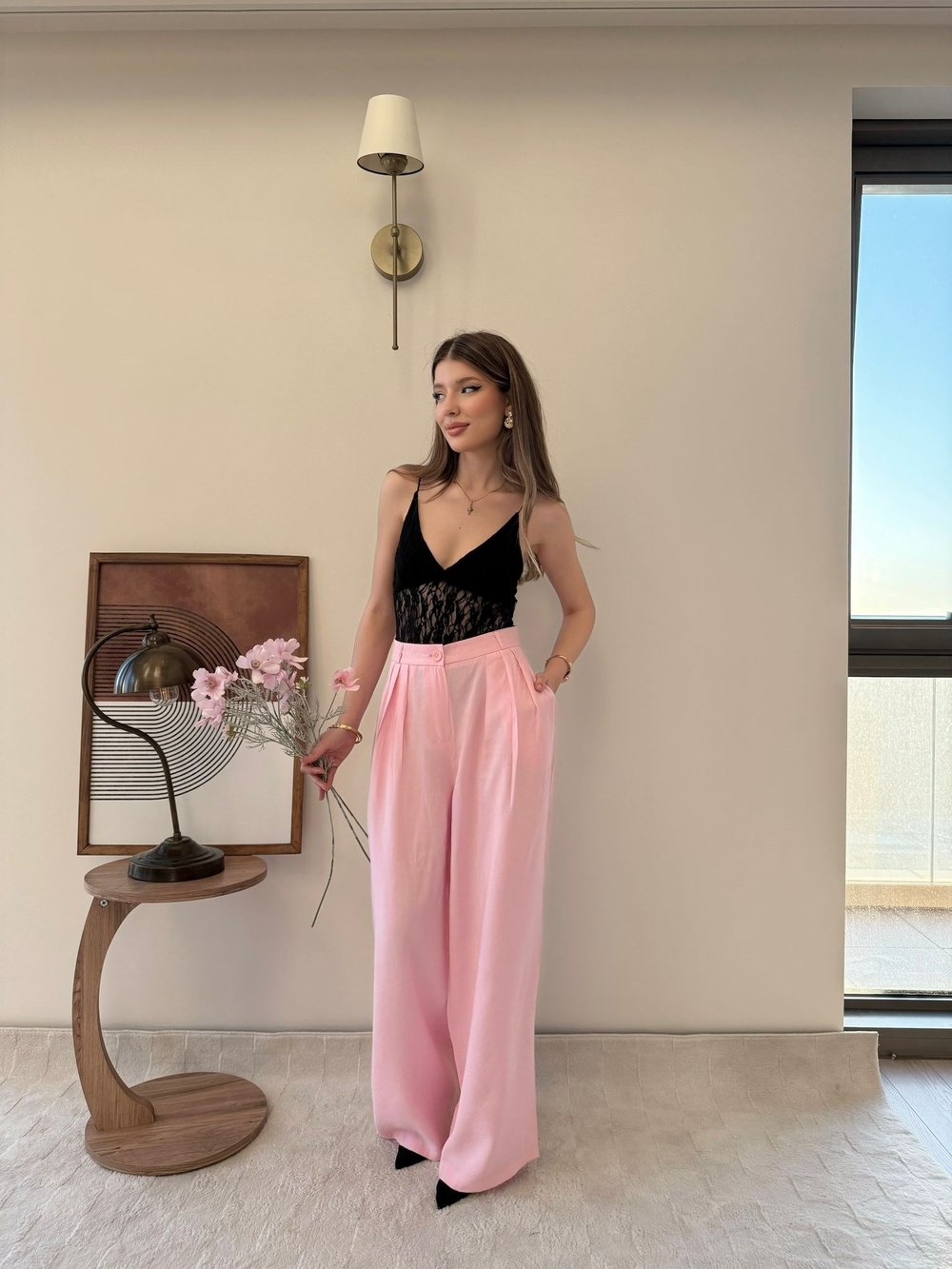 Üç Pile Palazzo Tensel Kumaş Pantolon Pembe 2133