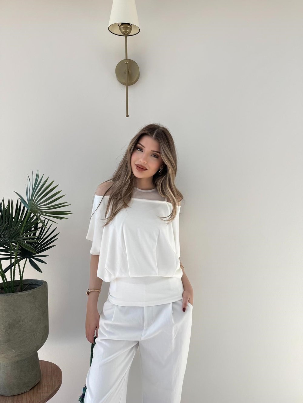 Yaka Detay Bel Drape Modal Tişört Beyaz 2252