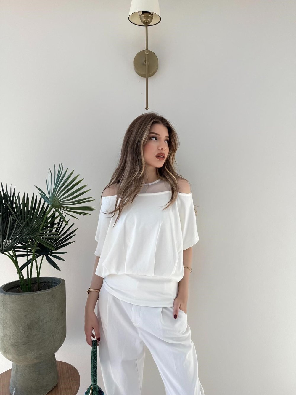 Yaka Detay Bel Drape Modal Tişört Beyaz 2252