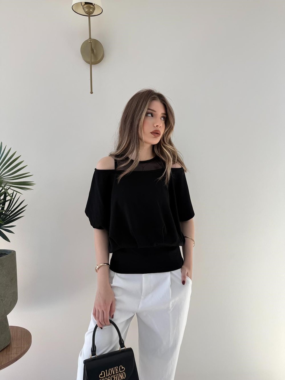 Yaka Detay Bel Drape Modal Tişört Siyah 2252