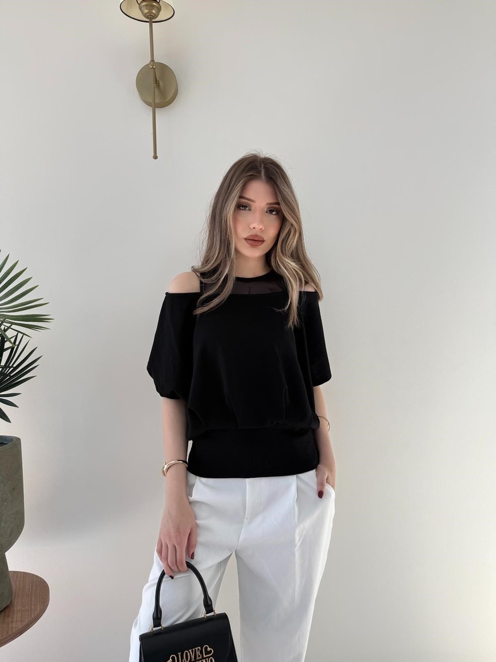 Yaka Detay Bel Drape Modal Tişört Siyah 2252