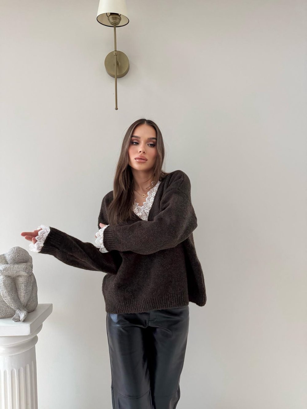 Yaka Ve Kol Dantel Detay Triko Kahve 2042