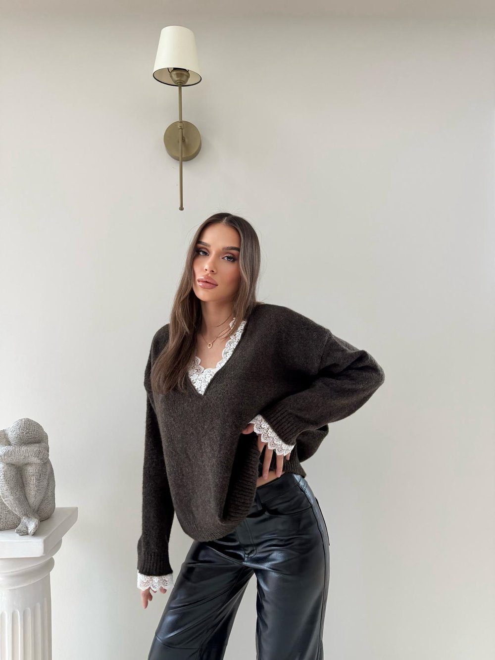 Yaka Ve Kol Dantel Detay Triko Kahve 2042