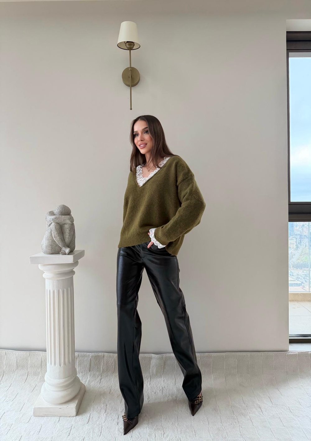 Yaka Ve Kol Dantel Detay Triko Yeşil 2042