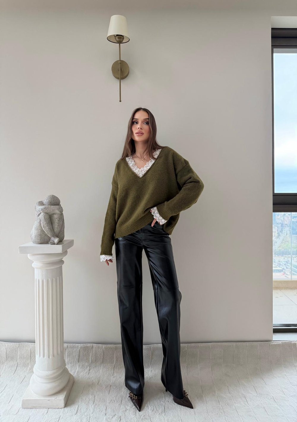 Yaka Ve Kol Dantel Detay Triko Yeşil 2042